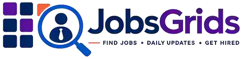 JobsGrids logo featuring a blue magnifying glass with a professional icon, gradient blue and purple typography, and the tagline "Find Jobs, Daily Updates, Get Hired".