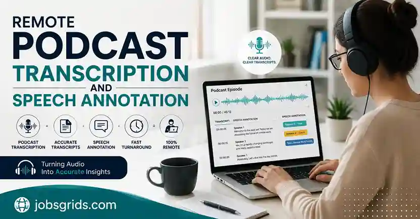 Remote podcast transcription and speech annotation job