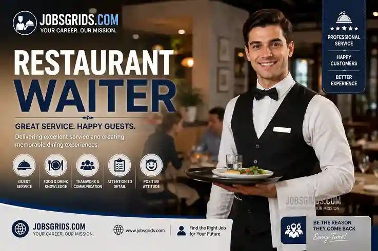Professional restaurant waiter serving food to guests